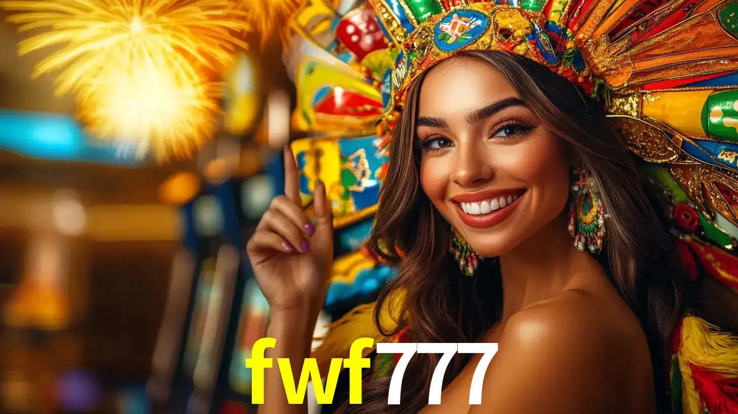 Mulher sorridente com um cocar de carnaval vibrante e colorido, celebrando uma grande vitória nos jogos do cassino fwf777 com fogos de artifício ao fundo.