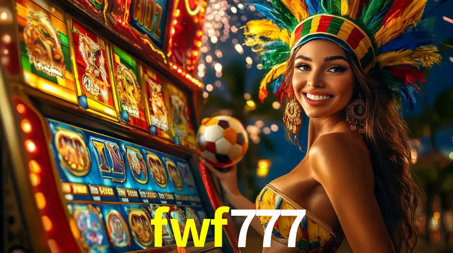 Mulher com um cocar de carnaval ao lado de uma máquina de caça-níqueis enquanto segura uma bola de futebol, mostrando a união da diversão de cassino e esportes no fwf777.
