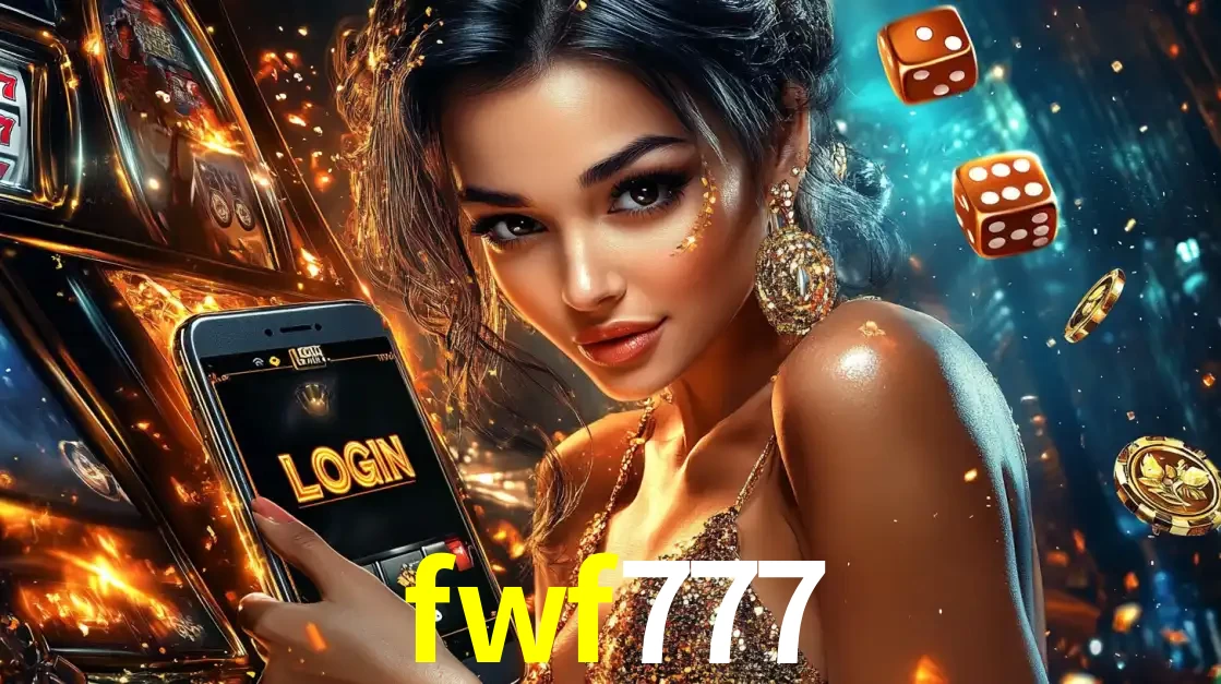Mulher glamourosa segurando um celular com a tela de login do cassino fwf777, rodeada por dados e moedas douradas, pronta para começar a diversão.
