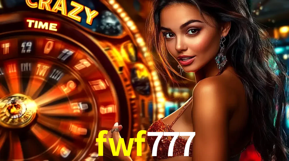 Mulher ao lado da roda de prêmios do jogo de cassino ao vivo Crazy Time, um dos shows de jogos mais emocionantes oferecidos pela plataforma de apostas fwf777.