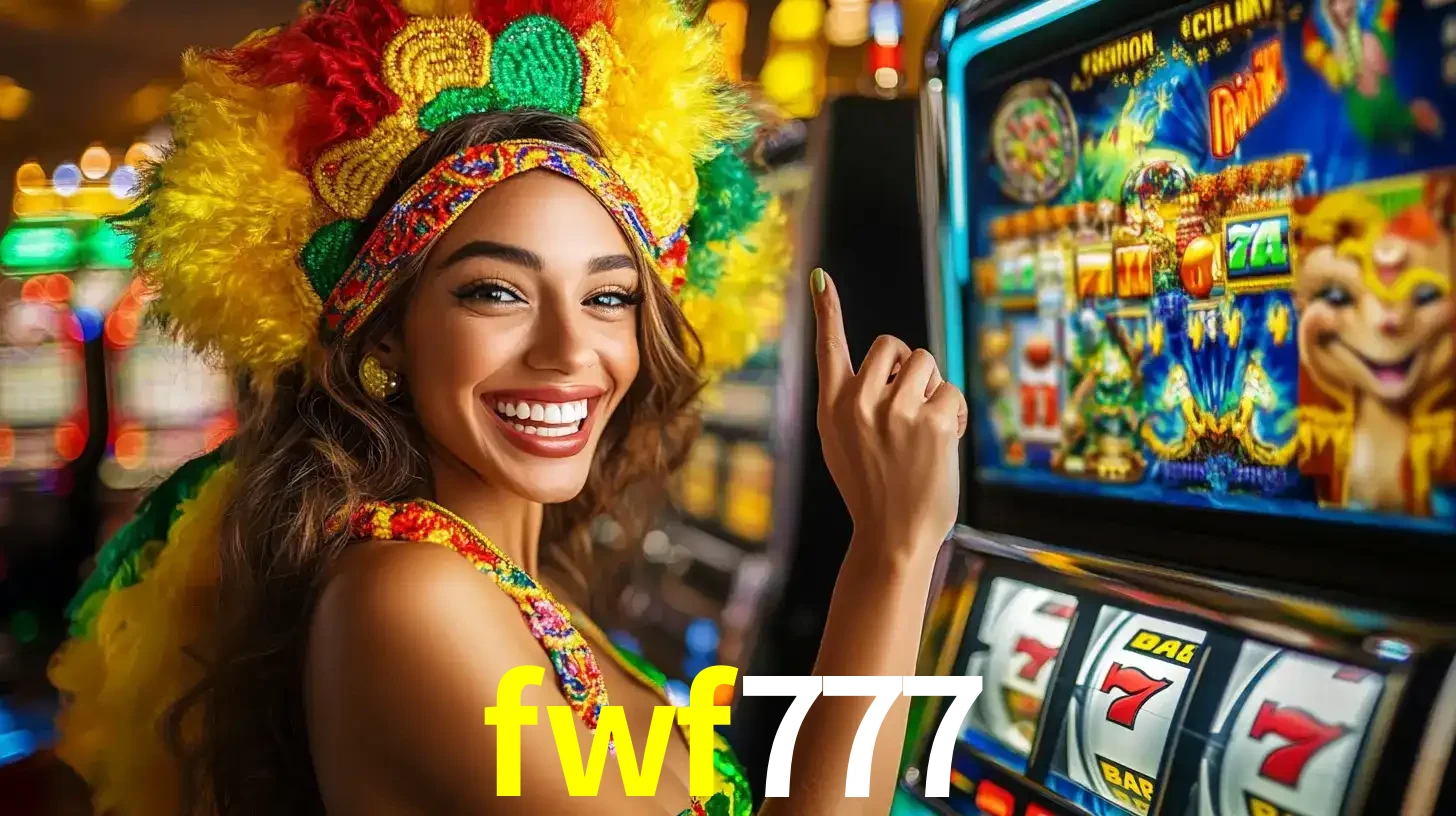 Mulher animada com um cocar de carnaval apontando para uma máquina de caça-níqueis, mostrando a emoção de ganhar um grande prêmio nos jogos do fwf777.