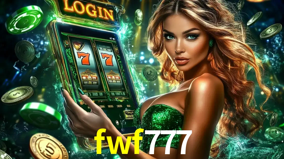 Mulher com tema verde apresentando o aplicativo do cassino fwf777 com um jogo de slot de 777, cercada por fichas de cassino e uma aura de sorte.