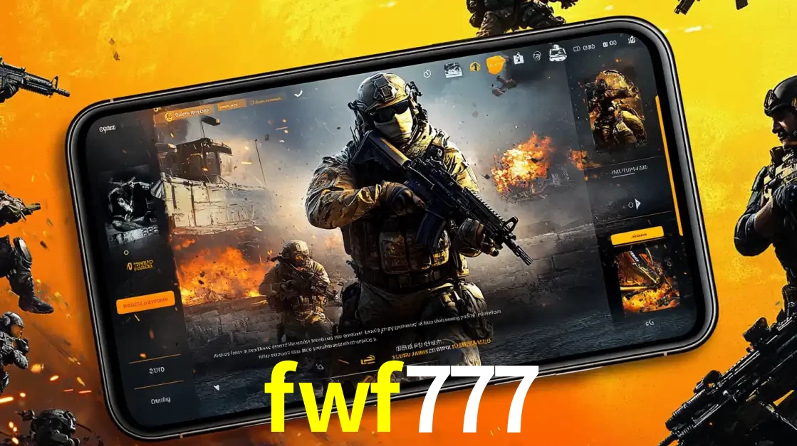 Um smartphone exibindo a interface de um jogo de tiro em primeira pessoa, com um soldado em um cenário de batalha, representando a ação dos e-sports para apostar no fwf777.
