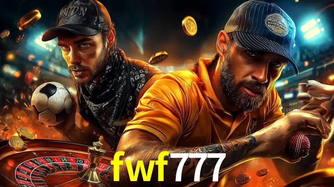 Montagem de apostas esportivas e cassino no fwf777, com um homem segurando uma bola de futebol e outro uma de beisebol sobre uma roleta e moedas voadoras.