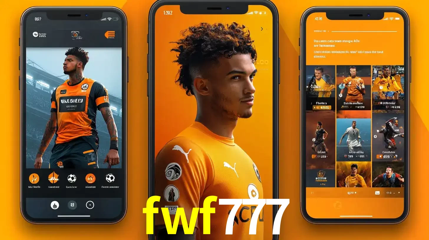 Interface do aplicativo de apostas esportivas fwf777 em três telas de celular, mostrando o perfil de um jogador de futebol e a lista de jogos disponíveis para apostar.