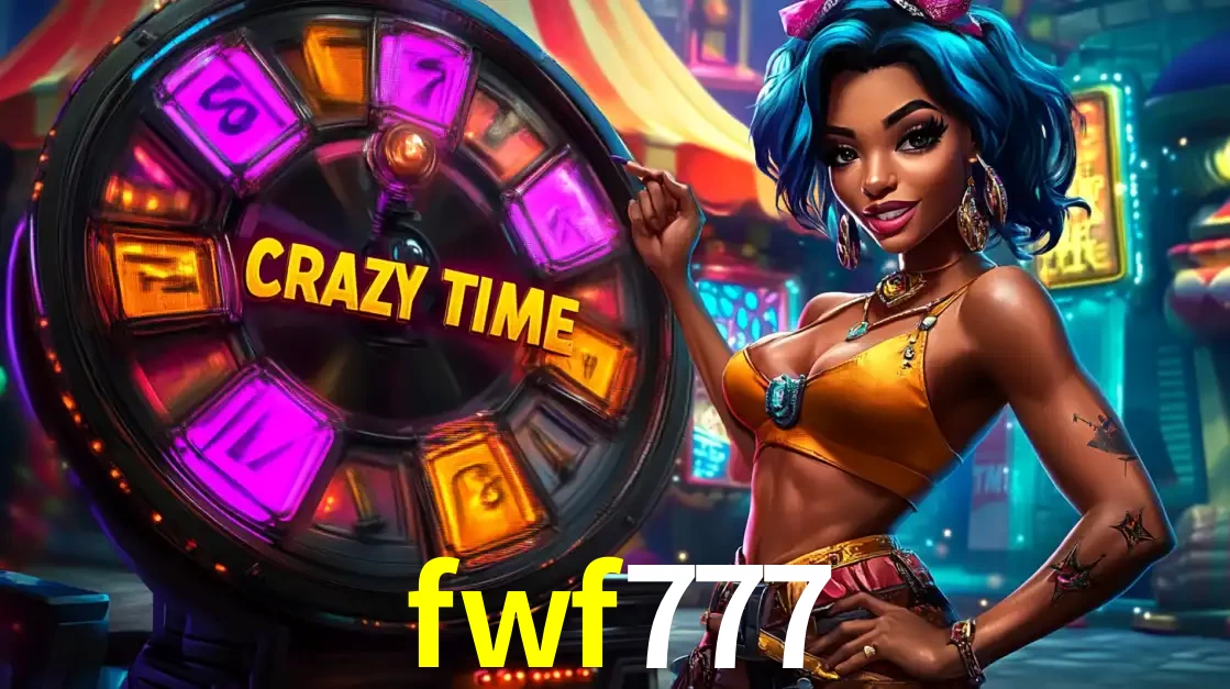 Mulher estilizada com cabelo azul e visual vibrante posando ao lado da roda de prêmios do game show Crazy Time, convidando para a diversão e os bônus do cassino fwf777.