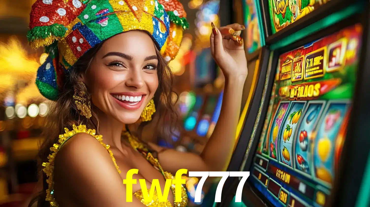 Mulher feliz com traje de carnaval amarelo e colorido ao lado de uma máquina de caça-níqueis, aproveitando a diversão e os jogos temáticos do cassino fwf777.