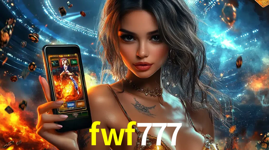 Mulher segurando um celular com um jogo de slot em destaque, tendo como fundo um estádio vibrante, simbolizando a emoção de jogar no cassino móvel fwf777.