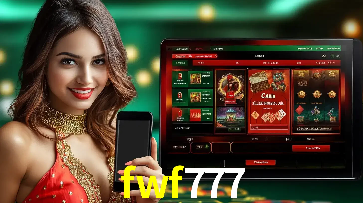 Mulher sorridente segurando um smartphone, ao lado de uma tela exibindo o lobby de jogos do cassino online fwf777, com várias opções de jogos de cartas e slots.